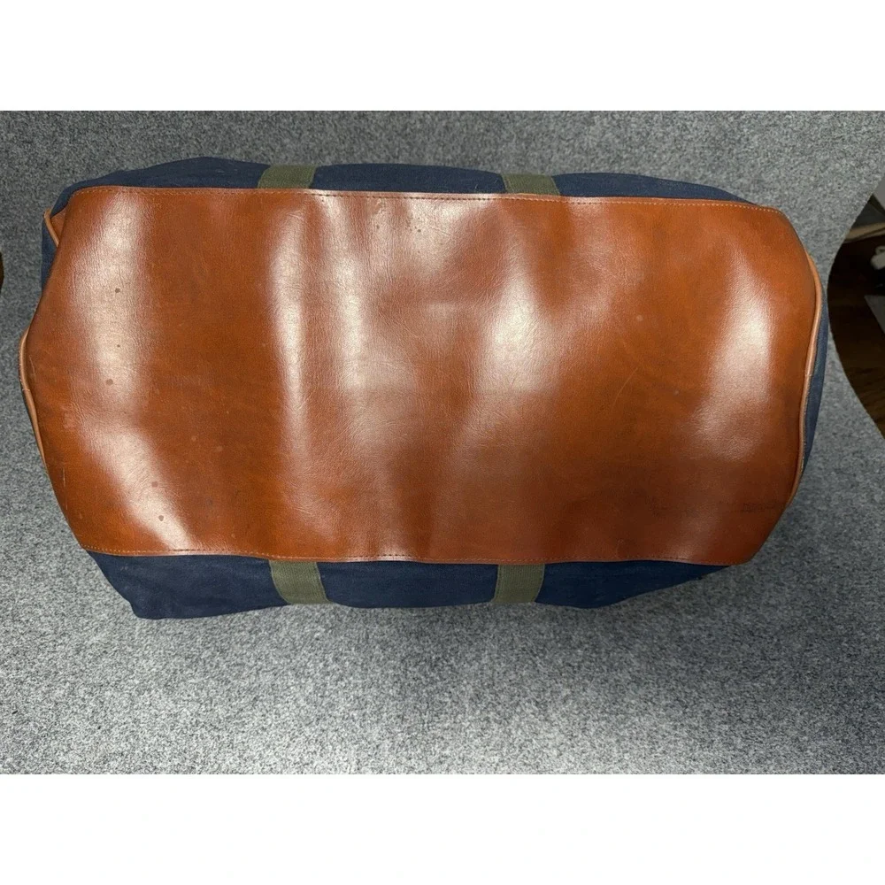 LL Bean Vintage 80s‎ Blue Green Leather Handle Duffel Bag Zip Top Freeport Maine